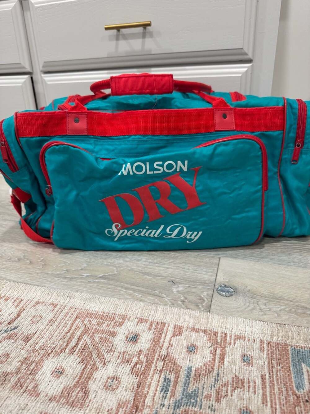 Vintage Molson Dry Special Dry Duffel Bag Teal Red Retro Gym Travel Weekender